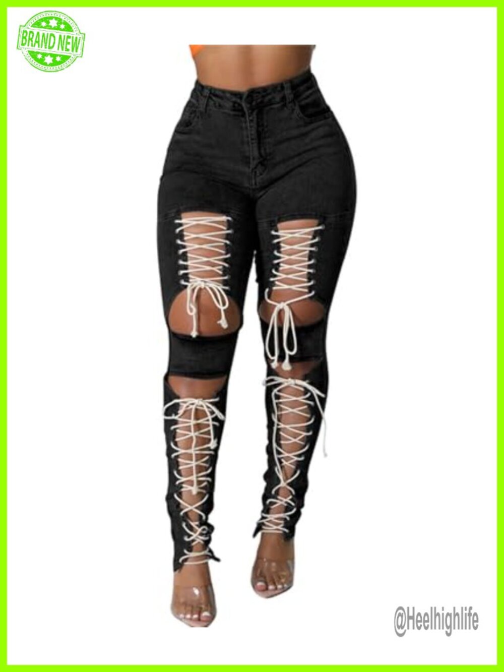 Women's Lace Up Ripped Cutout Skinny Jeans High Waisted Denim Pants